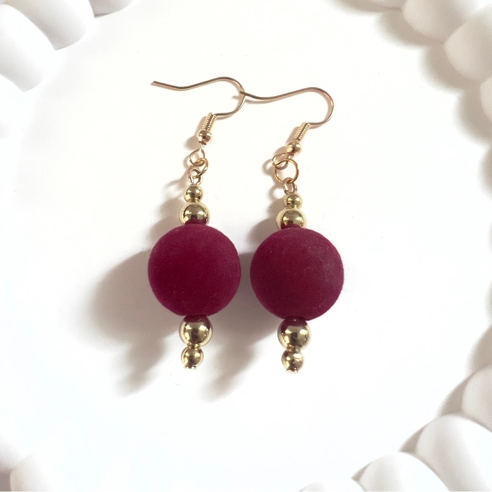 Burgundy Velvet Ball Dangle Earrings